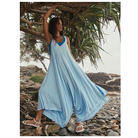 Free People Movement Seven Stars Onesie Wide Leg Boardwalk Blue Size Small NEW - Picture 1 of 12